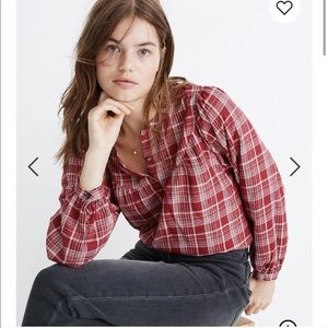 Madewell Balloon Sleeve Peasant Top in Red Plaid